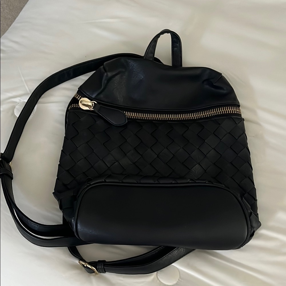 Madison West Black woven faux leather  Backpack with Gold Hardware